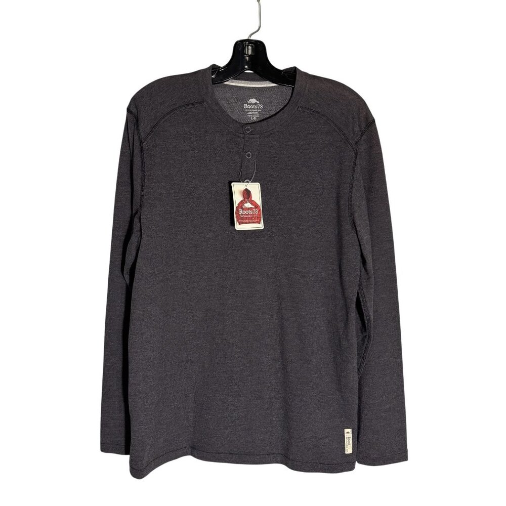 Roots 73 Mens Riverrock Henley Top Dark Charcoal Long Sleeve Large